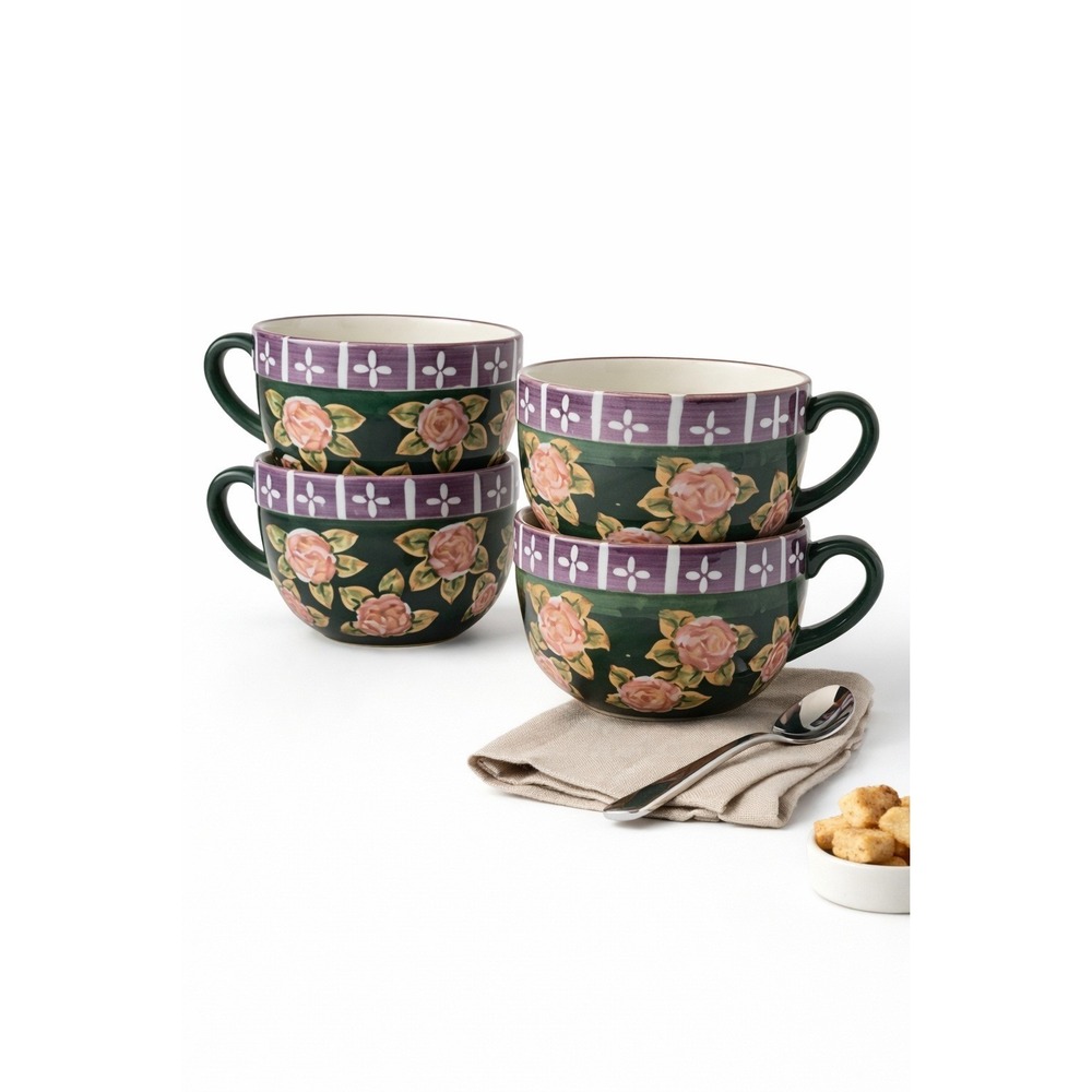 Crate & Barrel Floral Soup Bowls Set 4 Green Cottagecore Stoneware